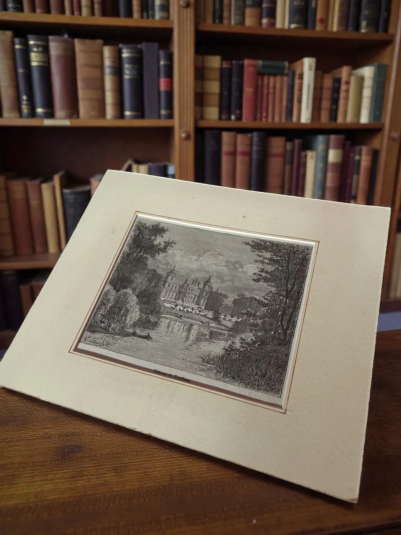 Gravure ancienne château bord de rivière, art vintage rétro décoratif