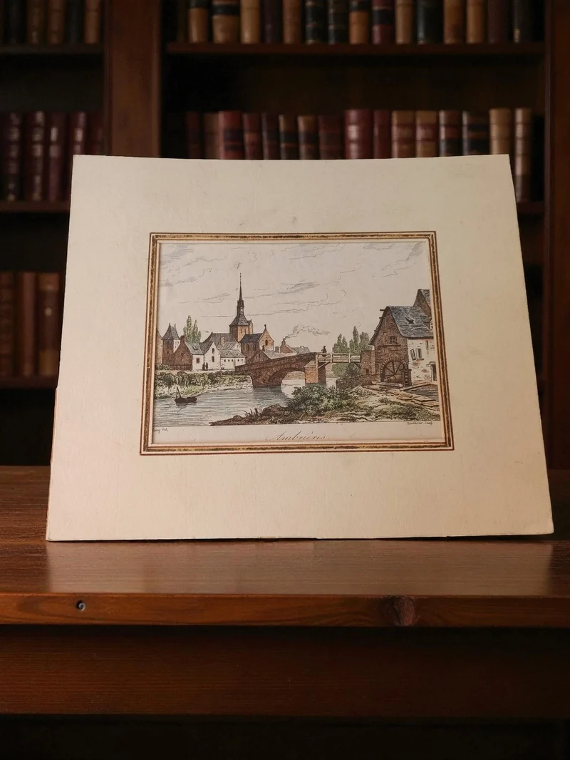 Gravure ancienne village pont rivière, art décoratif rétro, vintage authentique
