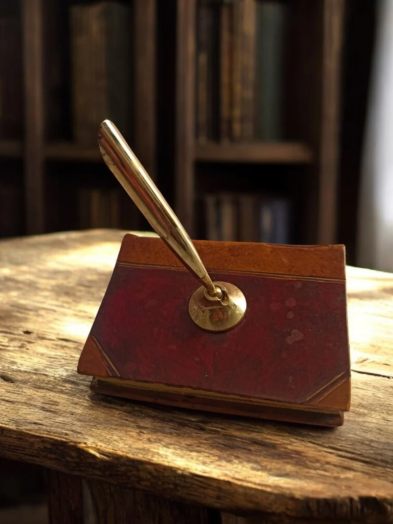 Porte-stylo vintage ancien, support bureau rétro décor bois laiton