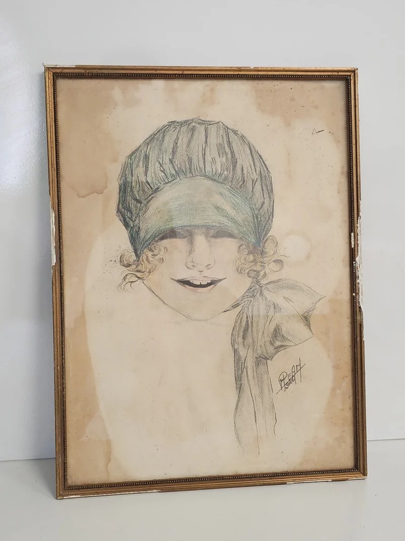 Dessin ancien signé Peam 1924, portrait vintage petite fille, art rétro collecti
