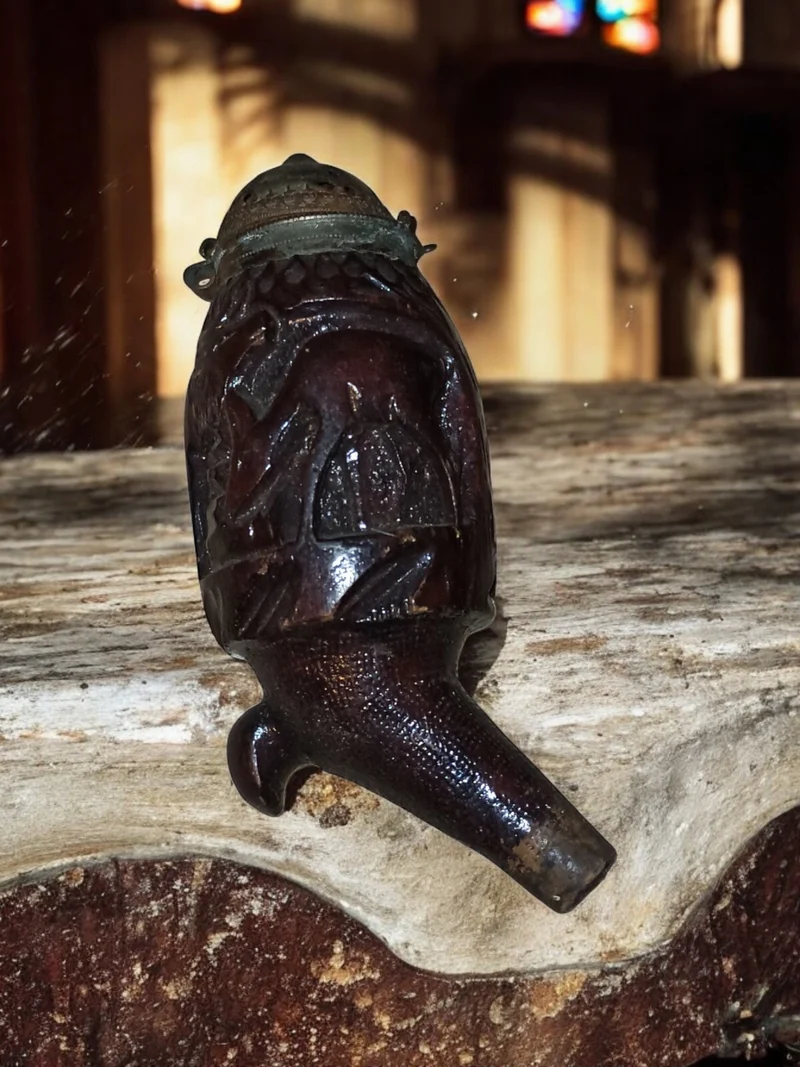 Pipe ancienne sculptée bois chasse décor relief nature vintage XIXe