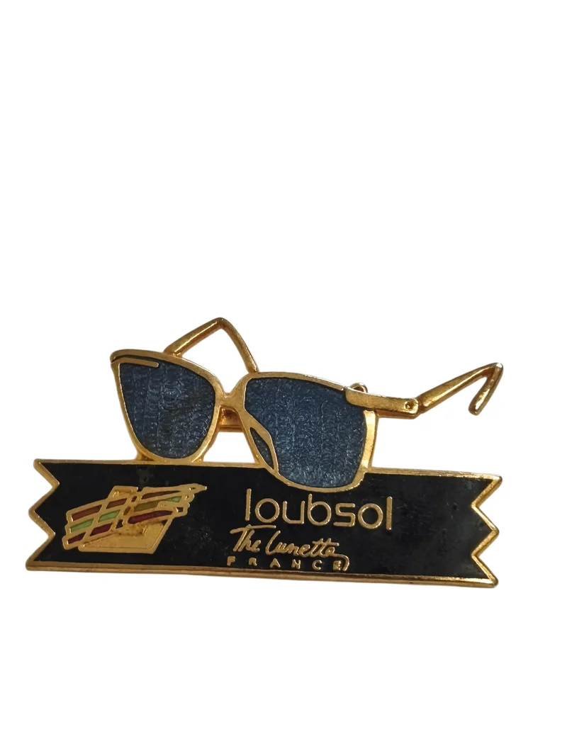 Broche publicitaire rétro lunettes Loubsol, badge ancien de collection vintage
