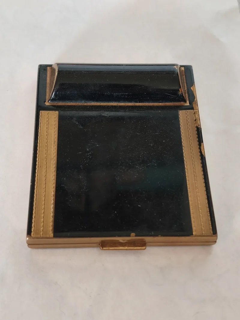Vintage poudrier et rouge à lèvres Sabor métal doré laque noire ancien rétro