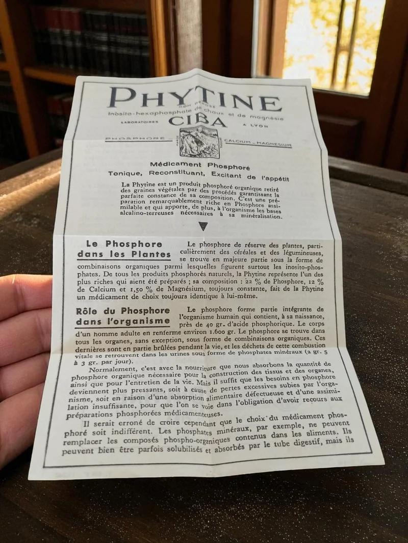 Prospectus ancien médicament Phytine Ciba Lyon, document pharmaceutique vintage
