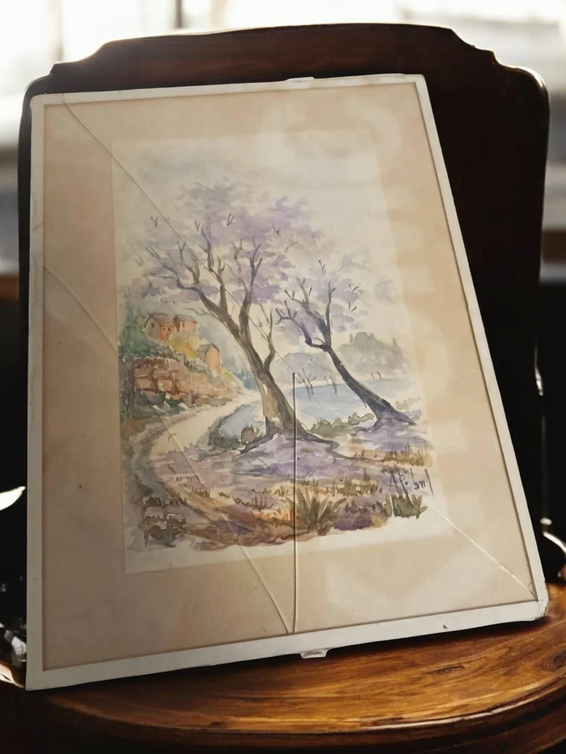 Gravure ancienne paysage arbres violets, art décoratif rétro vintage
