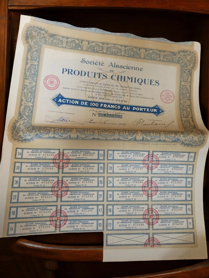 Action au porteur Produits Chimiques 1929 papier financier ancien vintage