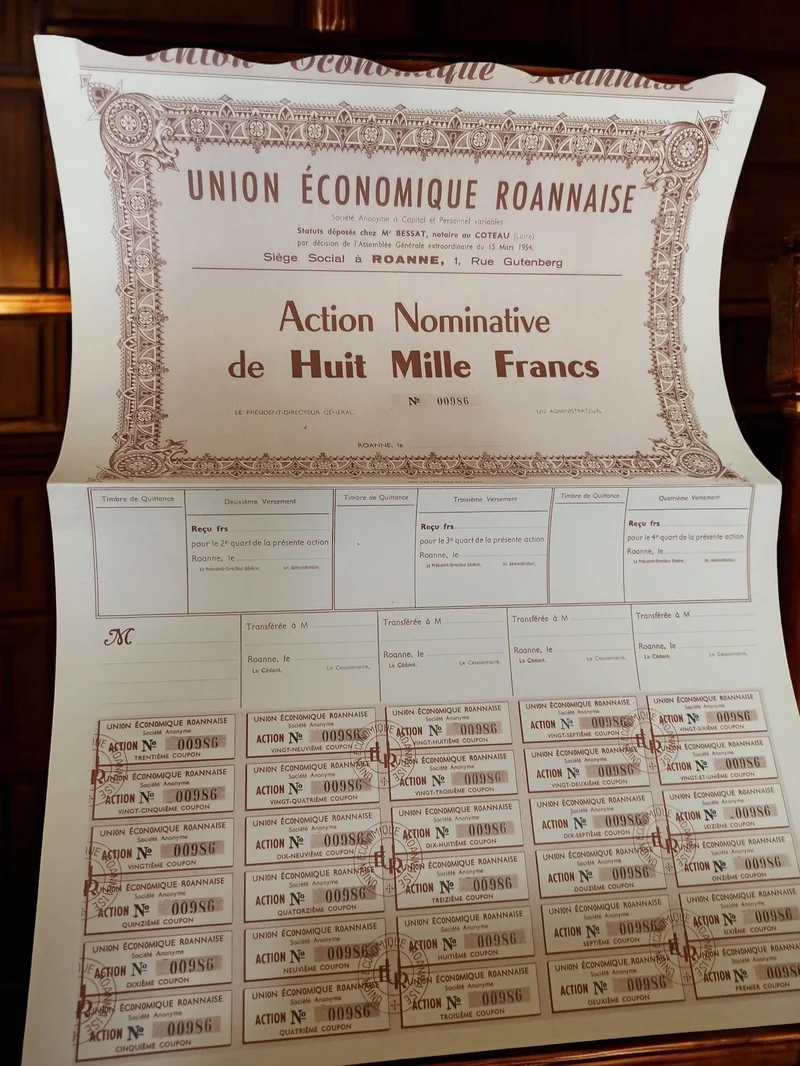Action nominative ancienne Union Économique Roannaise 8000 francs années 1920