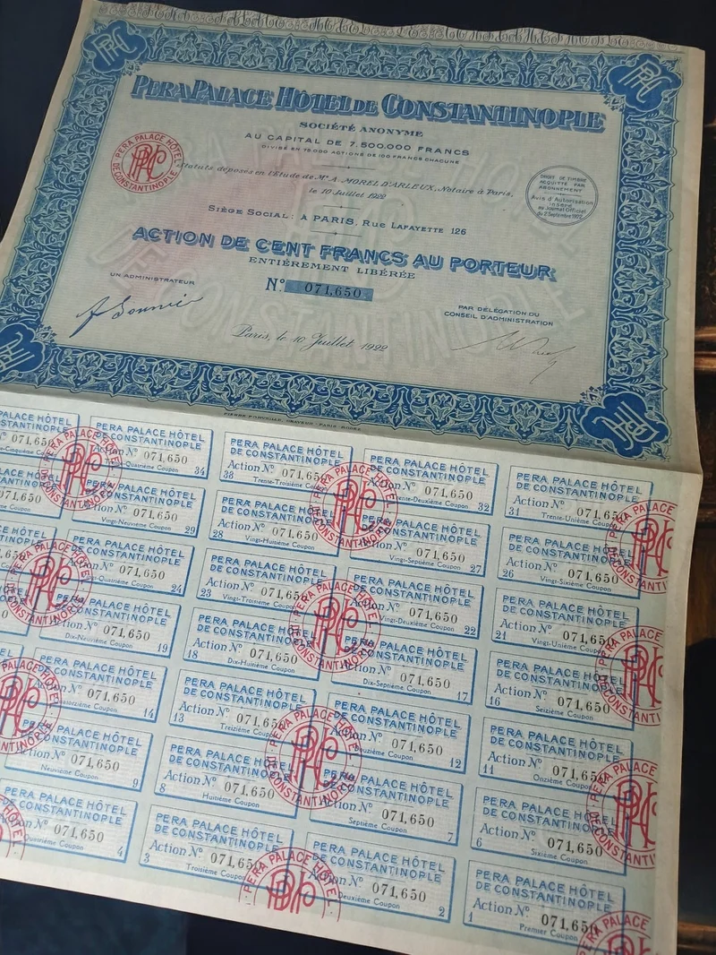 Action au porteur Pera Palace Hôtel de Constantinople 1922, document financier v