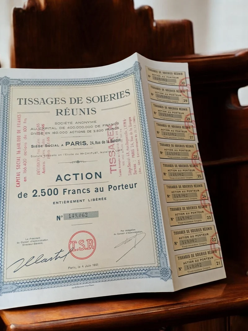 Action Tissages de Soieries Réunis 1951 ancienne au porteur coupon vintage
