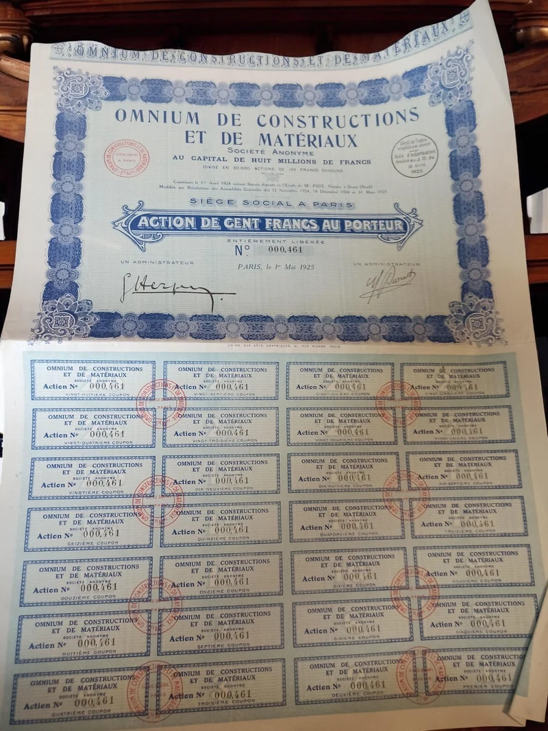 Action au porteur Omnium Constructions 1925 titre ancien papier valeur vintage