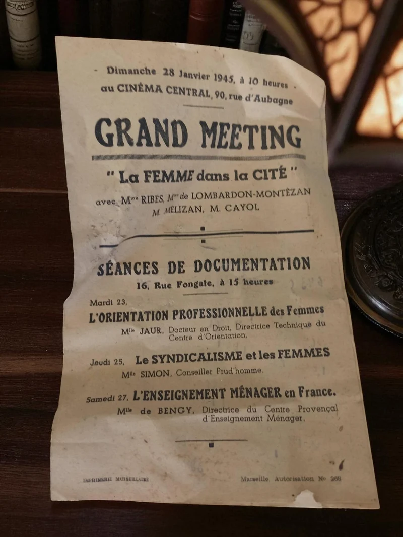Affiche ancienne Grand Meeting Femme cité 1945 Marseille papier vintage