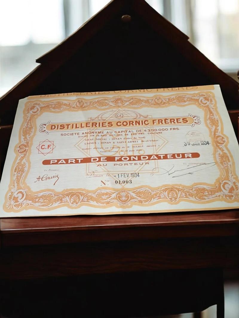 Part de fondateur Distilleries Cornic Frères 1934 ancien titre au porteur vintag
