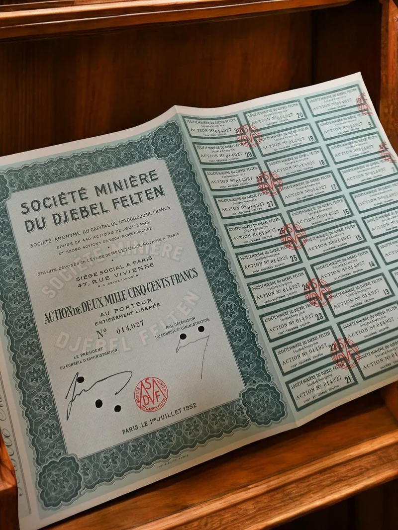 Action ancienne Société Minière Djebel Felten 1952, document collection rétro