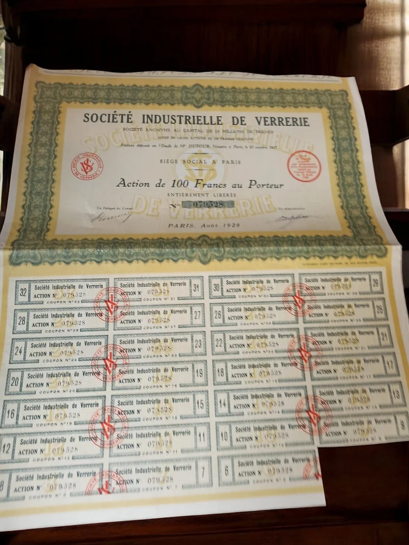 Action au porteur 100 Francs 1928 Société Industrielle de Verrerie ancien titre