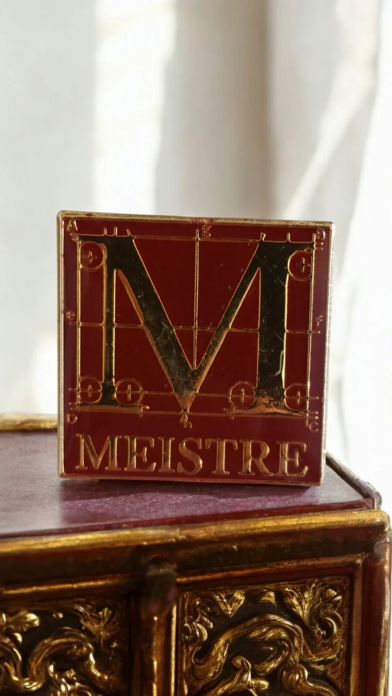 Pin's vintage Meistre émaillé rouge or, badge logo rare, broche ancienne