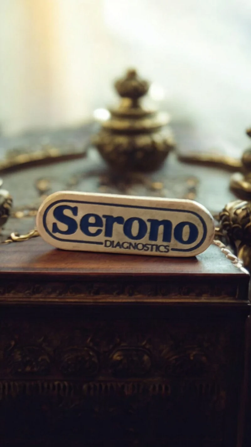 Pin's vintage Serono Diagnostics logo bleu rare ancien badge pharma
