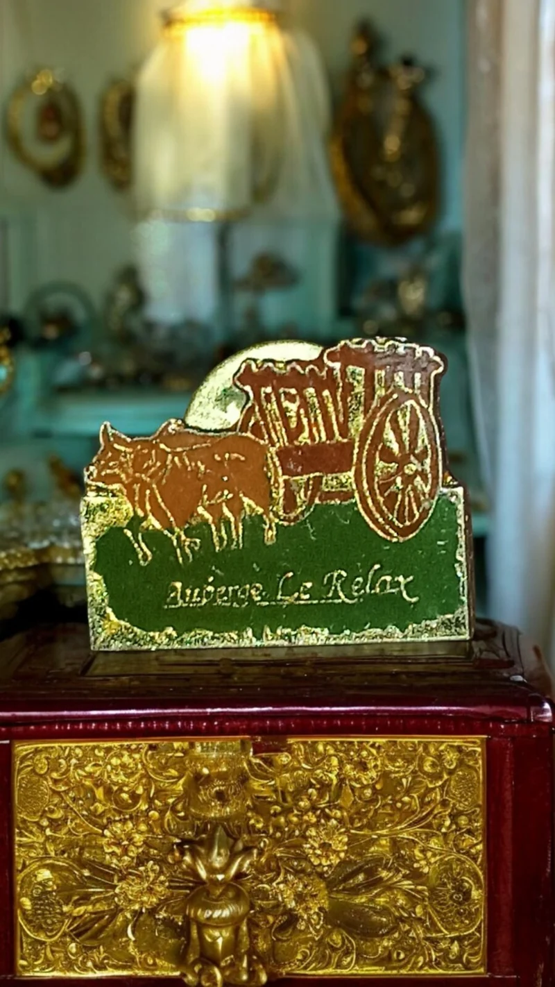 Plaque décorative vintage Auberge Le Relax charrette b?uf rétro or vert
