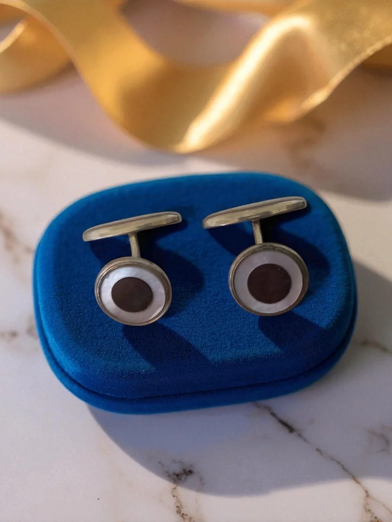 Paire boutons de manchette vintage nacre cercle bicolore rétro élégant