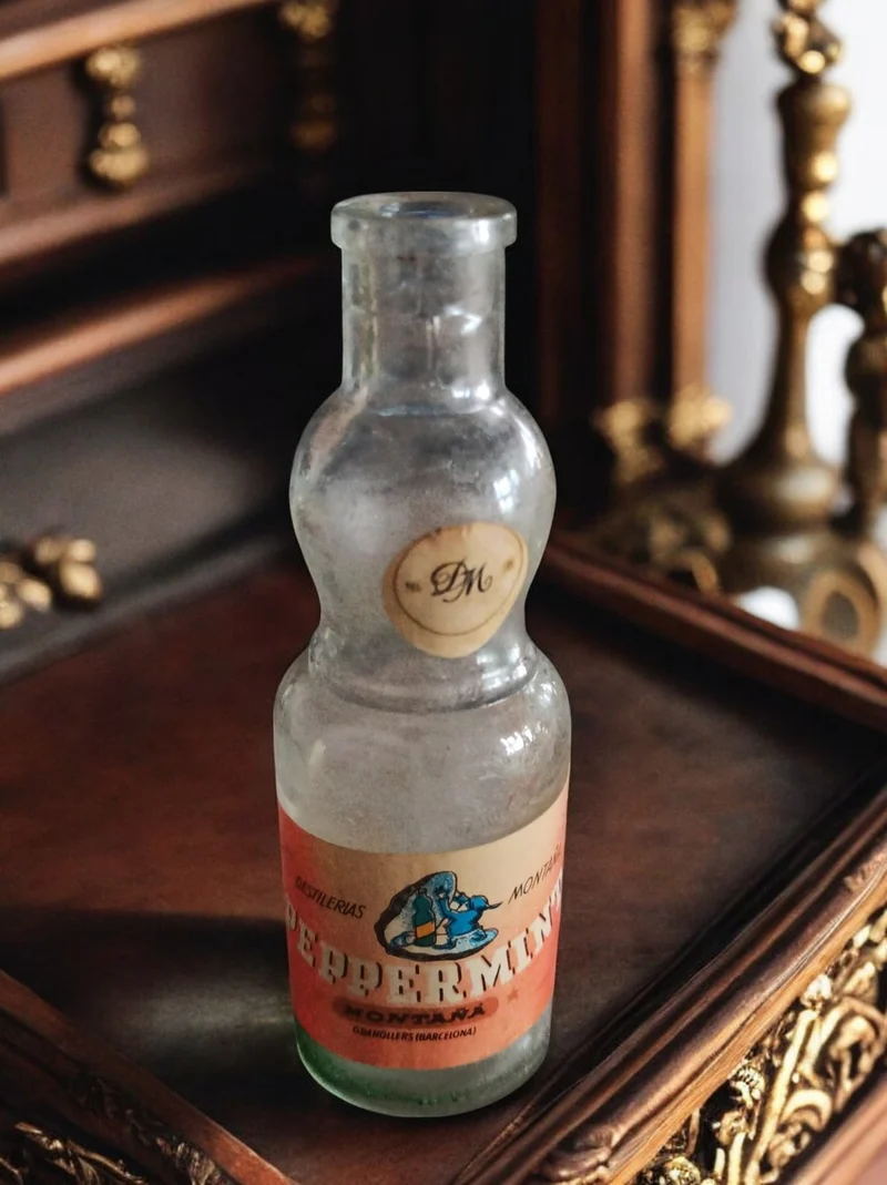 Flacon miniature vintage Peppermint Montura alcool ancien, étiquette décorative