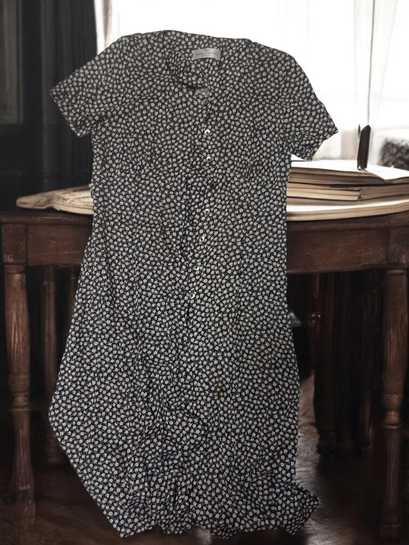 Robe vintage femme Marks & Spencer, imprimé fleuri bleu rétro ancien