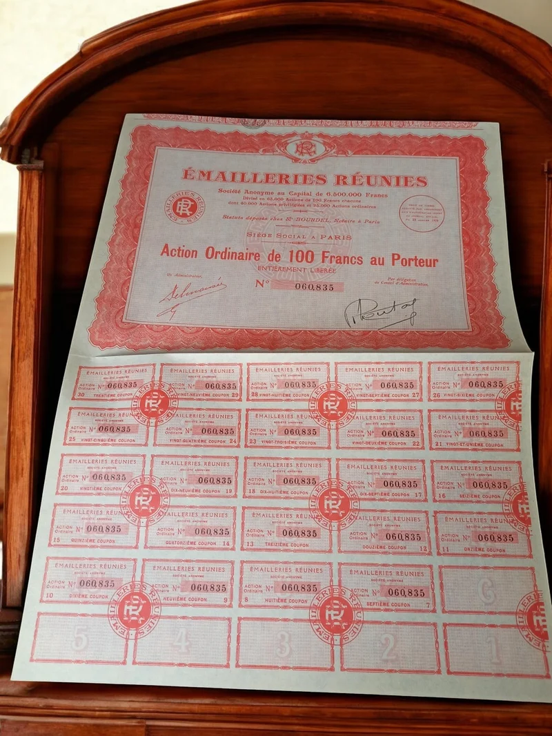 Action Émailleries Réunies 100 Francs au porteur années 1920 document ancien