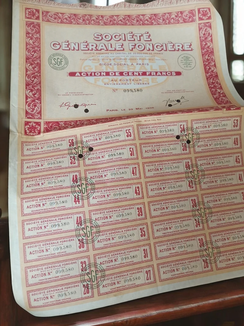 Action Société Générale Foncière 1936 vintage document financier rétro