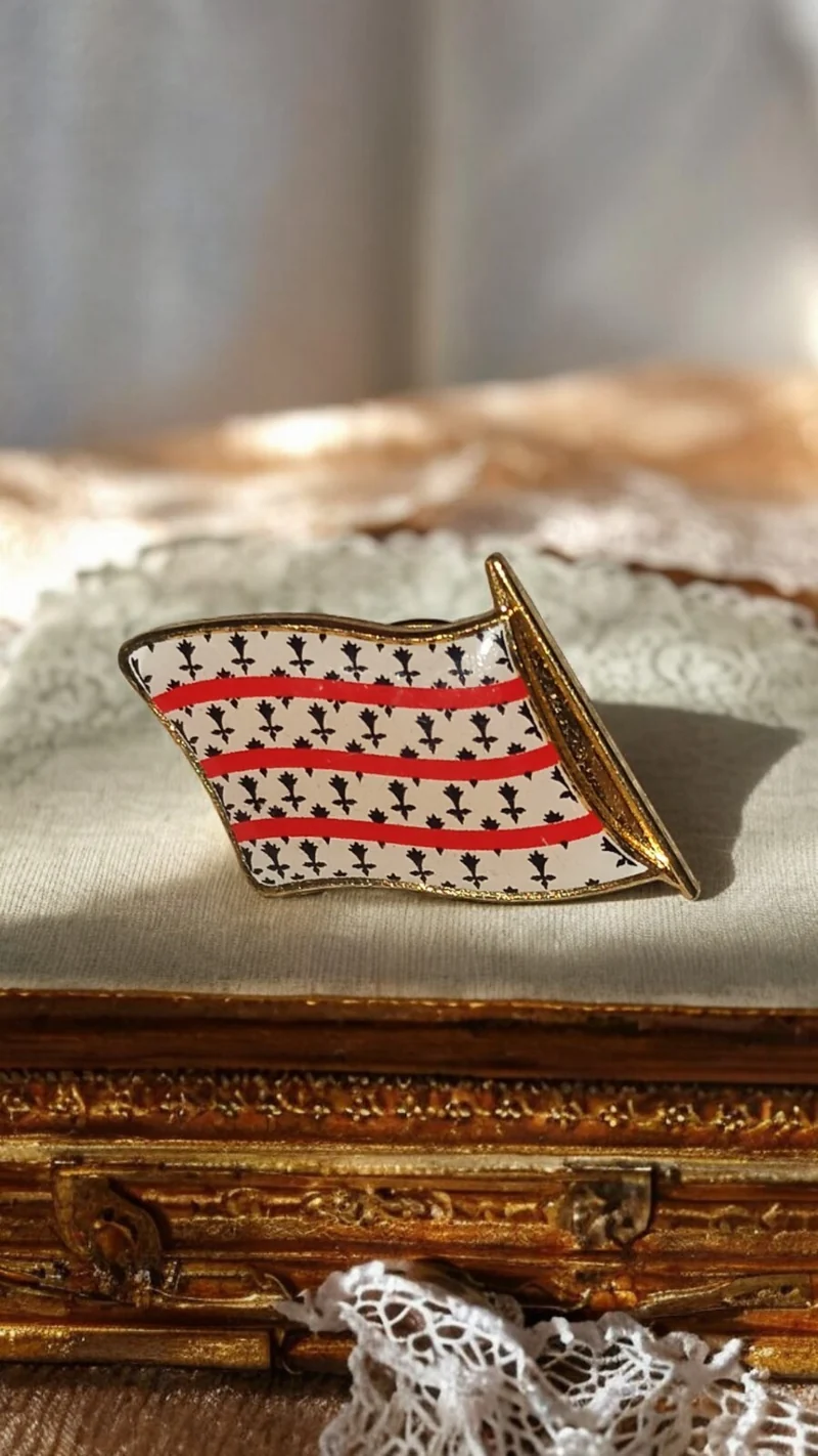 Pin's vintage drapeau breton émaillé, motif hermine, finition dorée rare