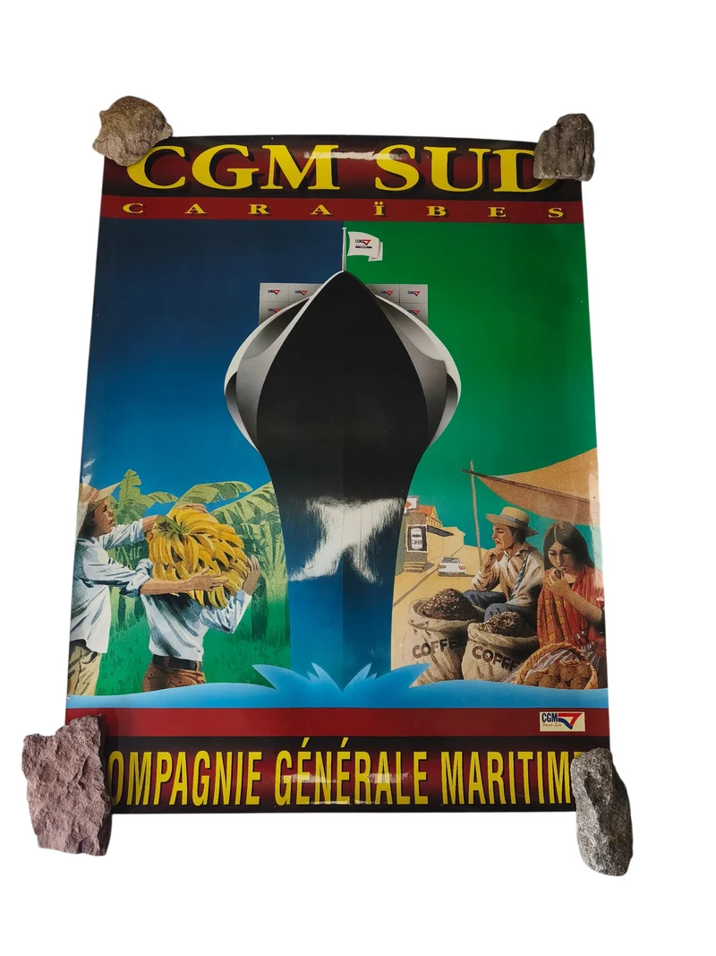 Affiche ancienne vintage CMA CGM Caraïbes grand format décor maritime rare
