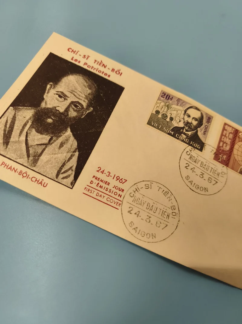 Ancienne enveloppe FDC Vietnam 1967 patriotes Phan Boi Chau timbres Saigon