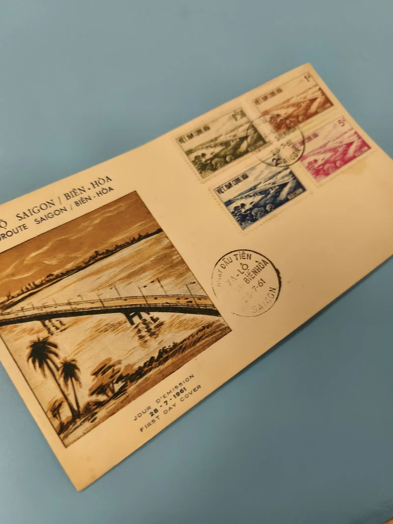 Ancienne enveloppe FDC Vietnam 1961 timbres pont Saïgon Bien Hoa philatélie