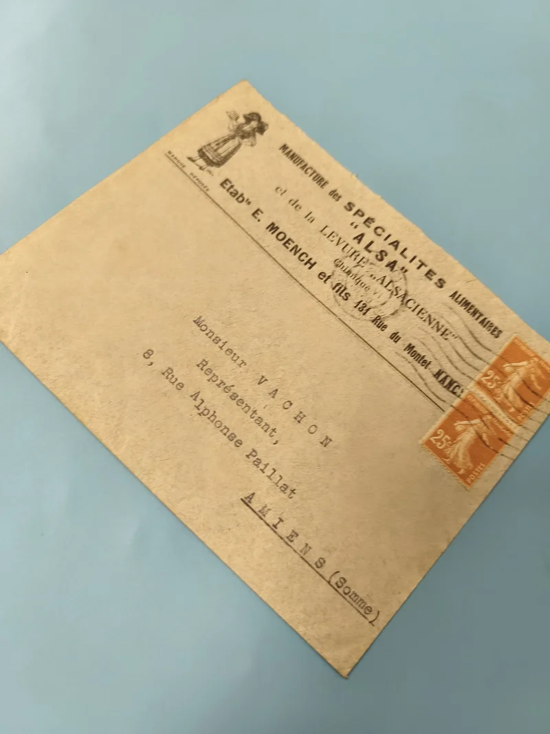 Ancienne enveloppe publicitaire Alsace timbres oblitérés 25c orange philatélie