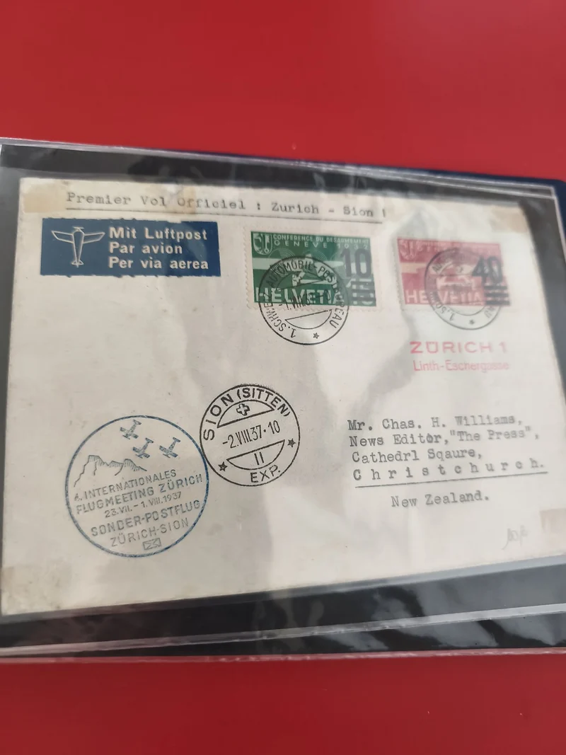 Ancienne enveloppe oblitérée Zurich Sion 1937 premier vol postal philatélie avio