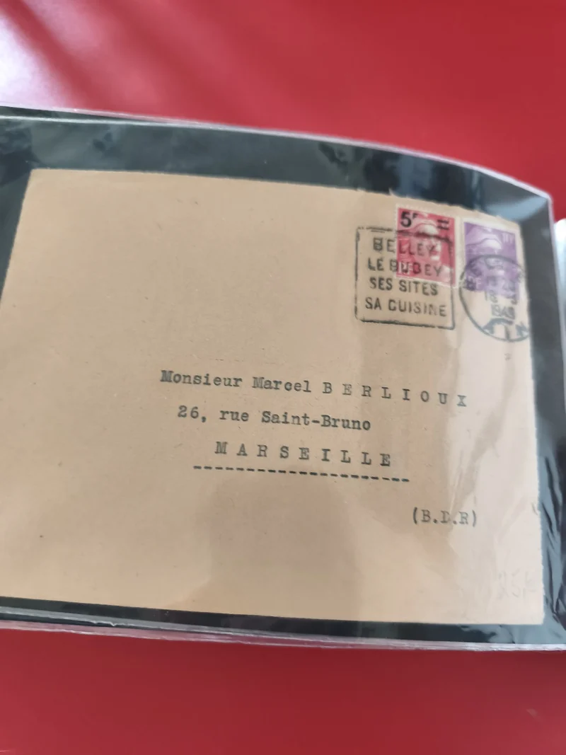Ancienne enveloppe oblitérée 1949 Belley pour philatéliste collection vintage