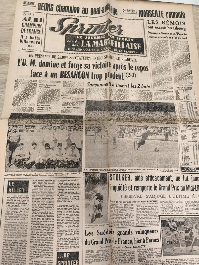 Ancien journal Sprinter OM Marseille football vintage années 50 rare collection
