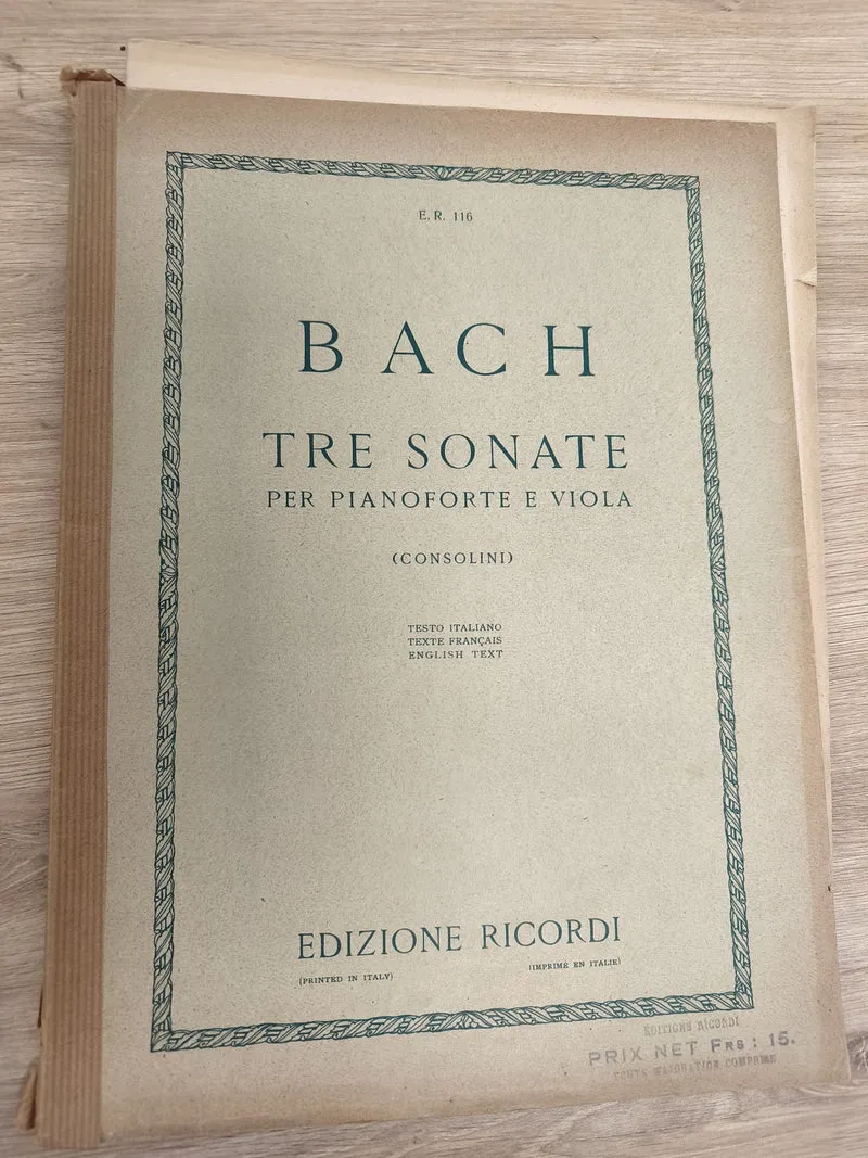 Partition ancienne Bach Tre Sonate piano et alto Edizione Ricordi vintage
