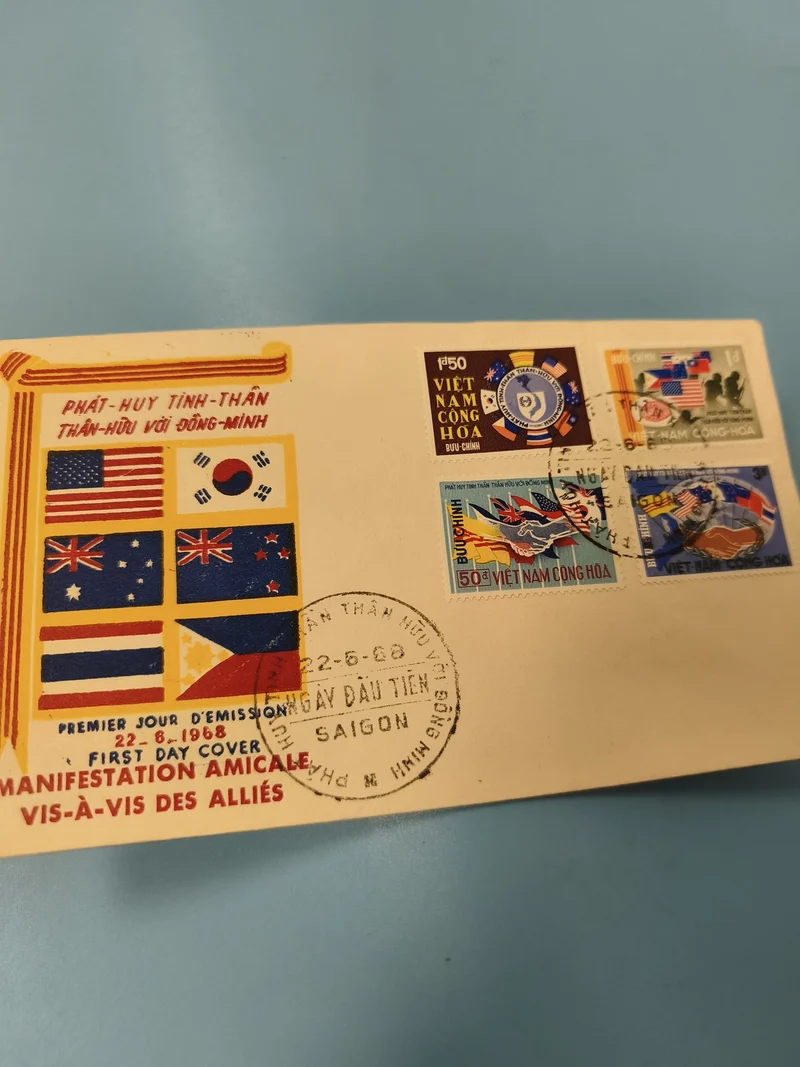 Ancienne enveloppe FDC Vietnam 1968, timbres alliés, manifestation amicale