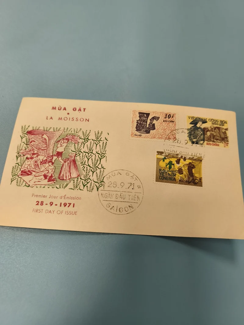 Ancienne enveloppe FDC Vietnam 1971 La Moisson timbres premier jour Saigon