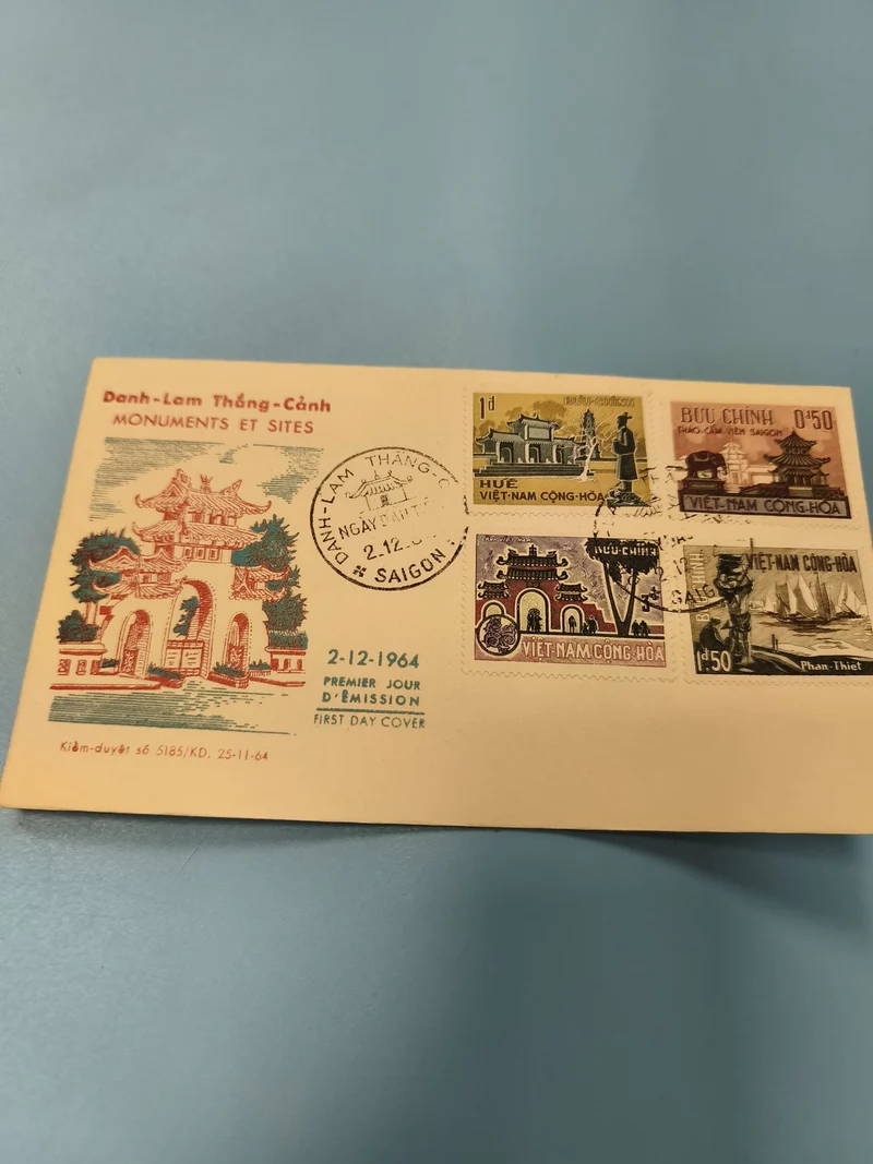 Ancienne enveloppe FDC Vietnam 1964 monuments timbres illustrés Saigon collectio