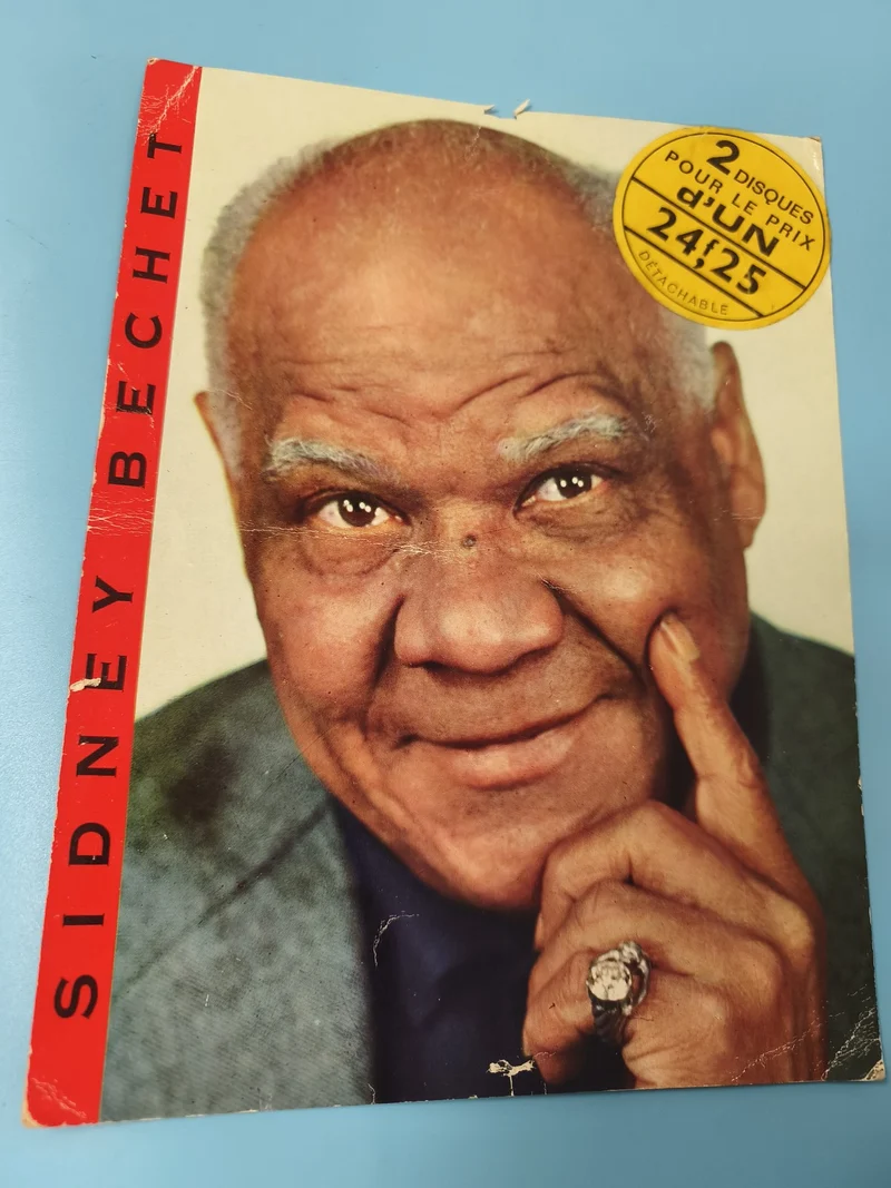 Ancienne affiche vintage Sidney Bechet jazz, portrait couleur, état d?usage