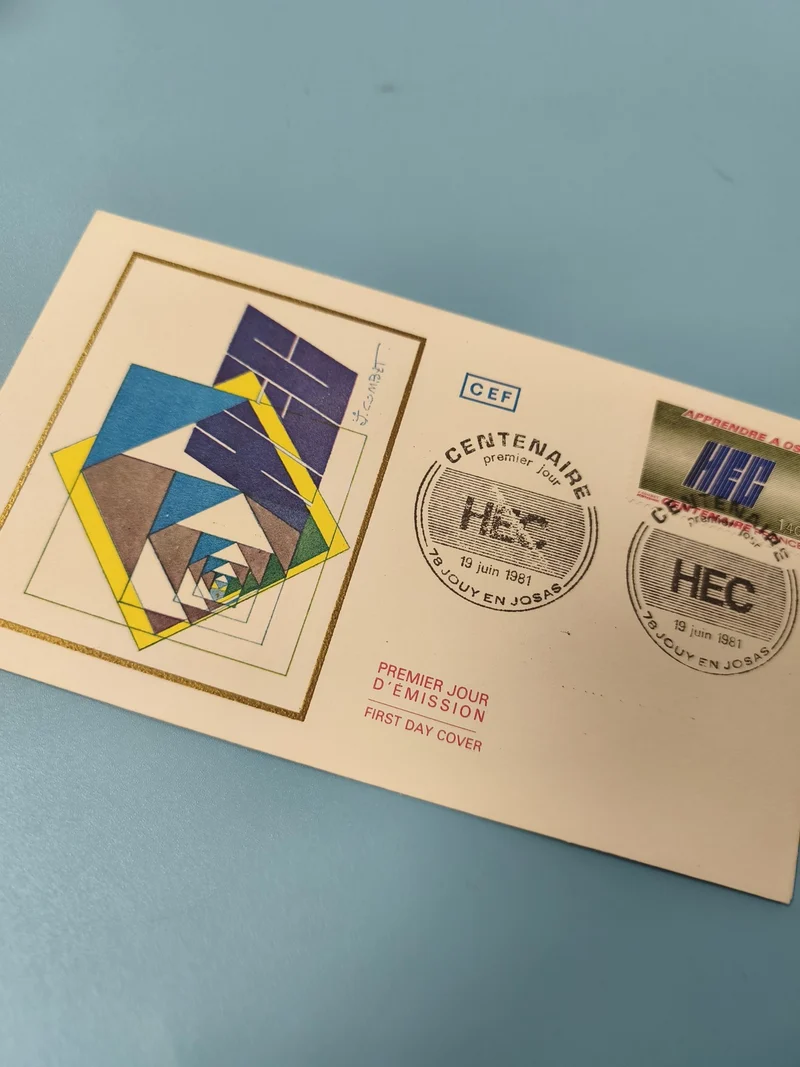 Enveloppe FDC premier jour HEC 1981, timbre Centenaire, motif géométrique