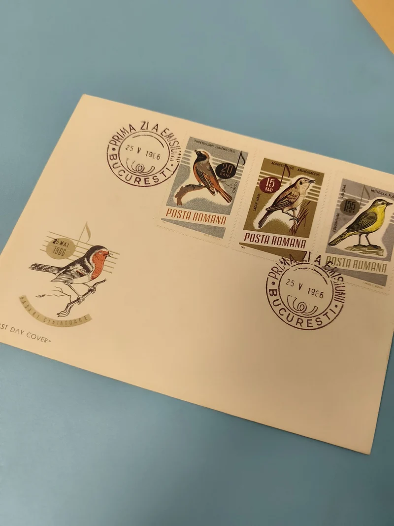 Enveloppe FDC premier jour Bucarest 1986 timbres oiseaux Posta Romana