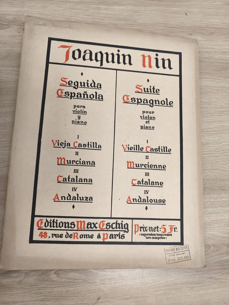 Ancien recueil partitions violon piano Joaquin Nin Suite Espagnole Max Eschig