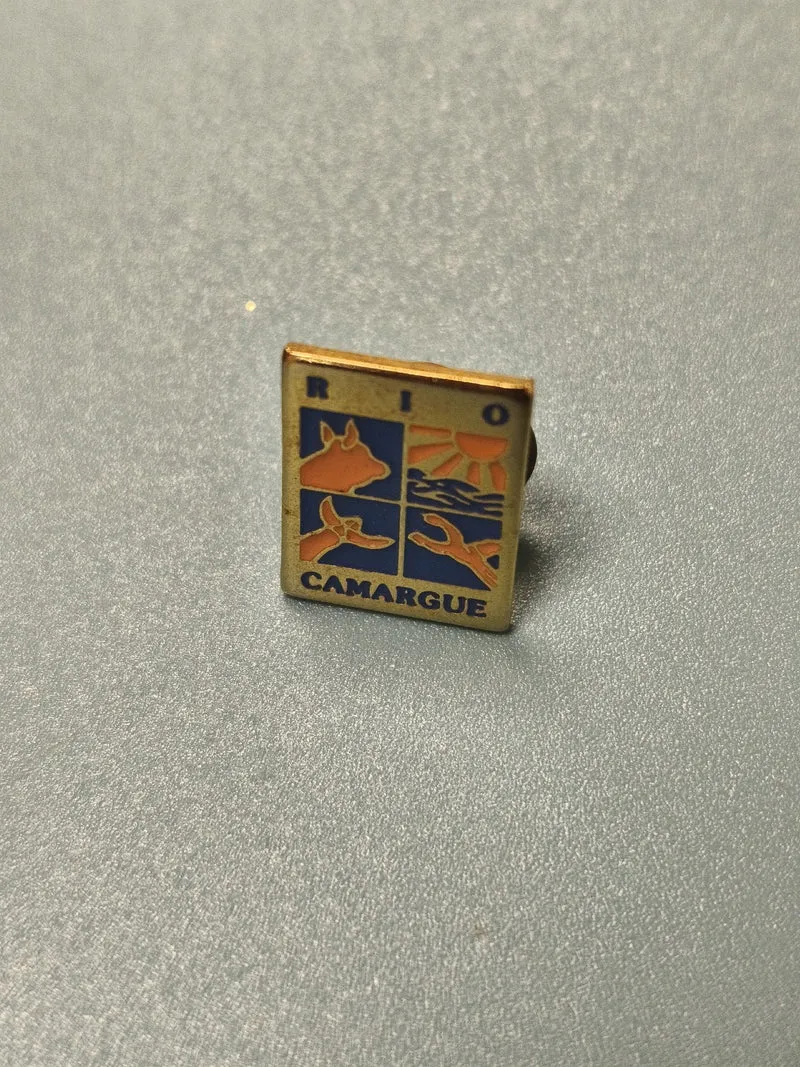 Vintage pin's Camargue émaillé blason, bleu doré, collection régionale
