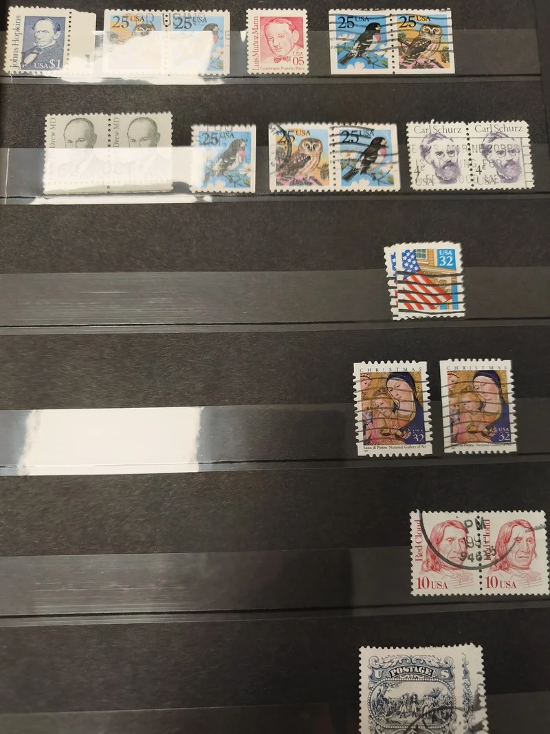 Lot anciens timbres oblitérés USA oiseaux personnages art drapeau collection