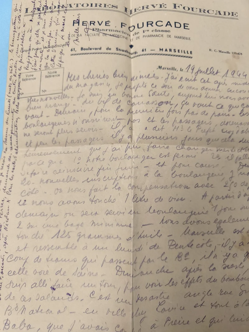 Ancienne lettre manuscrite France 1944 Laboratoires Hervé Fourcade Marseille