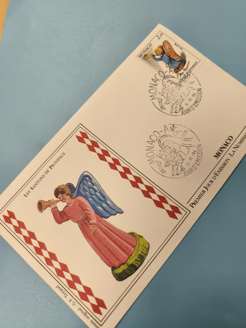 Enveloppe FDC Monaco premier jour, timbre Les Santons de Provence, ange trompett