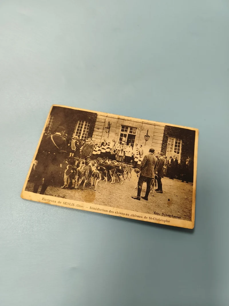 Ancienne carte postale animée Senlis bénédiction chiens château St-Christophe
