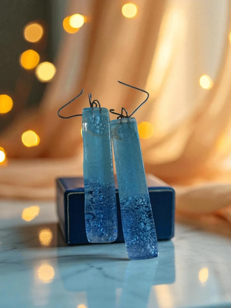 Boucles d?oreilles vintage, pendantes bleues, style rétro, effet bulles, occasio