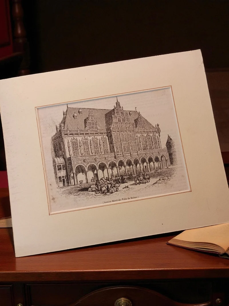 Gravure ancienne Hôtel de Ville Brême, art décoratif rétro, vintage authentique