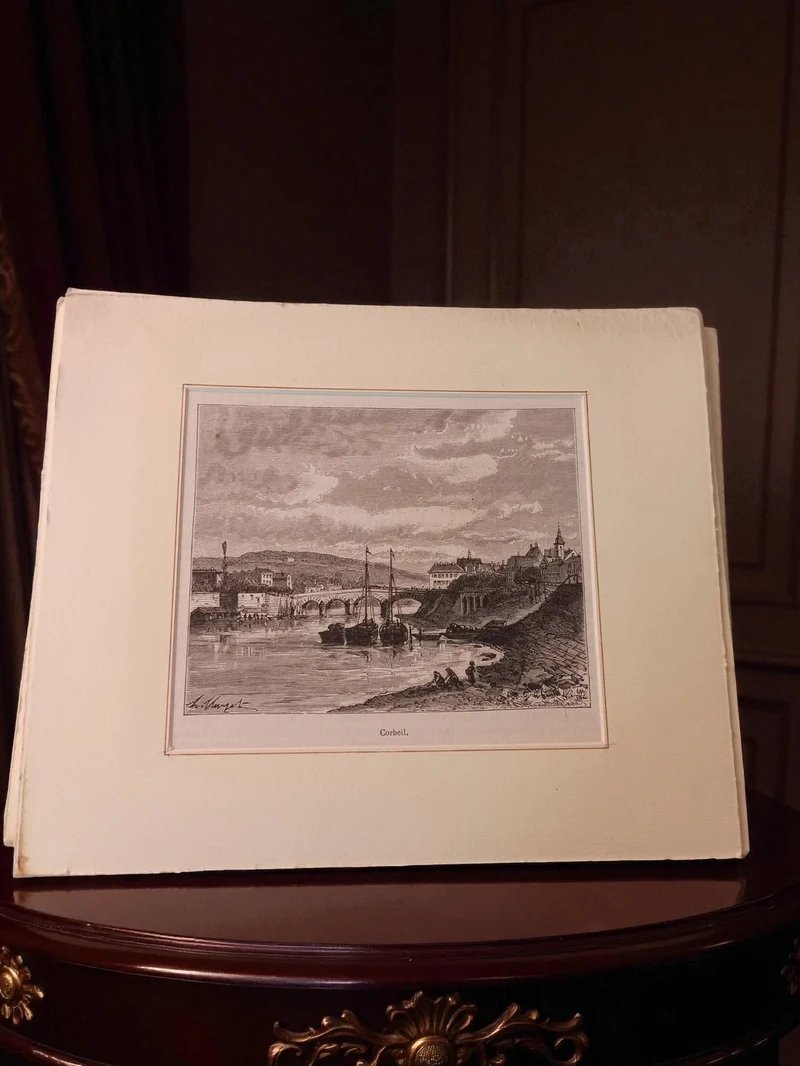 Gravure ancienne Corbeil XIXe, paysage rivière, art décoratif vintage rétro